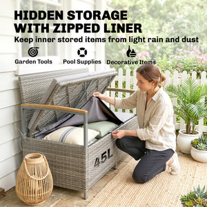 144 L Garden Storage Bench with Zipped Liner, 2 Seater PE Rattan Garden Bench with Storage, Gas Strut, Acacia Wood Top Armrests, Cushion, Patio Outdoor Benches Chest Container, Light Grey
