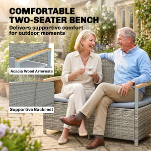 144 L Garden Storage Bench with Zipped Liner, 2 Seater PE Rattan Garden Bench with Storage, Gas Strut, Acacia Wood Top Armrests, Cushion, Patio Outdoor Benches Chest Container, Light Grey