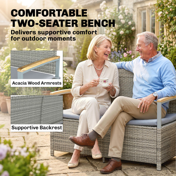 144 L Garden Storage Bench with Zipped Liner, 2 Seater PE Rattan Garden Bench with Storage, Gas Strut, Acacia Wood Top Armrests, Cushion, Patio Outdoor Benches Chest Container, Light Grey