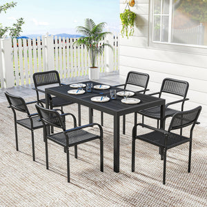 7 Pieces Garden Dining Set, Garden Table and Chairs Set 6 with Faux Rattan Stackable Chairs, Wood Effect Metal Top Table, Umbrella Hole, Outdoor Furniture for Patio Porch Terrace, Black
