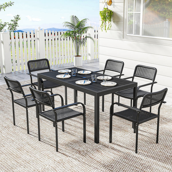 7 Pieces Garden Dining Set, Garden Table and Chairs Set 6 with Faux Rattan Stackable Chairs, Wood Effect Metal Top Table, Umbrella Hole, Outdoor Furniture for Patio Porch Terrace, Black