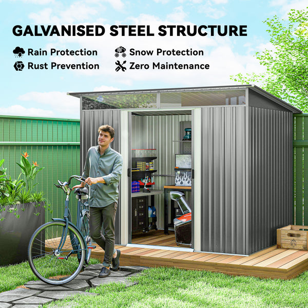 9ft x 6.5ft Metal Shed with Lightsky Panels, Garden Storage Tool House with Double Doors for Garden, Patio and Lawn, Light Grey