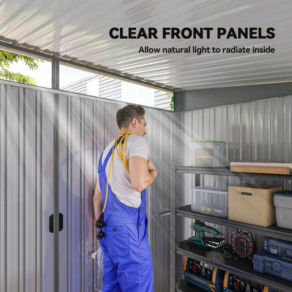 9ft x 6.5ft Metal Shed with Lightsky Panels, Garden Storage Tool House with Double Doors for Garden, Patio and Lawn, Light Grey