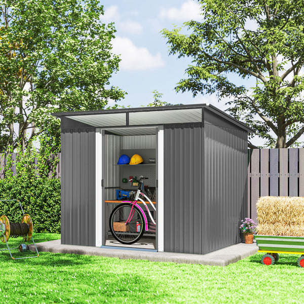 9ft x 6.5ft Metal Shed with Lightsky Panels, Garden Storage Tool House with Double Doors for Garden, Patio and Lawn, Light Grey