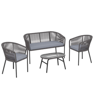 4 Piece Garden Furniture Set, Rope Woven Garden Sofa Set with 1 Loveseat, 2 Armchairs, Tempered Glass Coffee Table, Outdoor Conversation Furniture with Cushions for Patio, Dark Grey