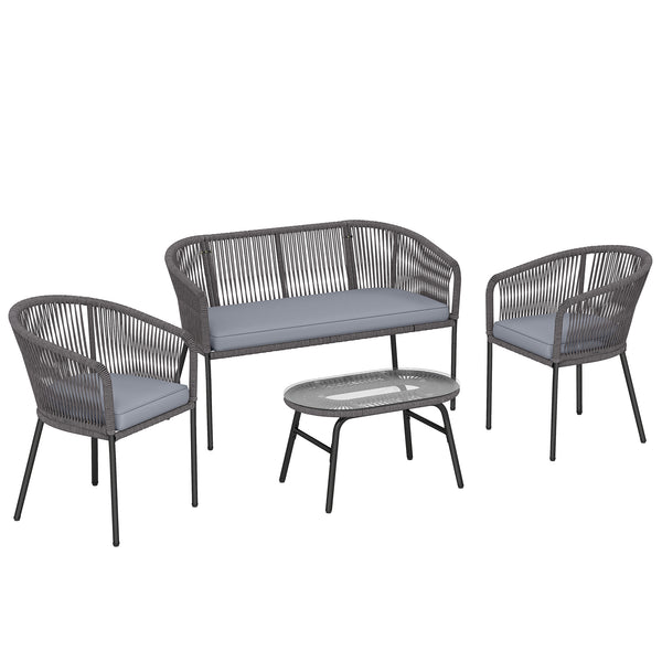 4 Piece Garden Furniture Set, Rope Woven Garden Sofa Set with 1 Loveseat, 2 Armchairs, Tempered Glass Coffee Table, Outdoor Conversation Furniture with Cushions for Patio, Dark Grey