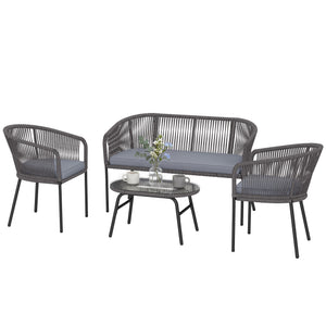 4 Piece Garden Furniture Set, Rope Woven Garden Sofa Set with 1 Loveseat, 2 Armchairs, Tempered Glass Coffee Table, Outdoor Conversation Furniture with Cushions for Patio, Dark Grey