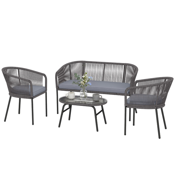 4 Piece Garden Furniture Set, Rope Woven Garden Sofa Set with 1 Loveseat, 2 Armchairs, Tempered Glass Coffee Table, Outdoor Conversation Furniture with Cushions for Patio, Dark Grey