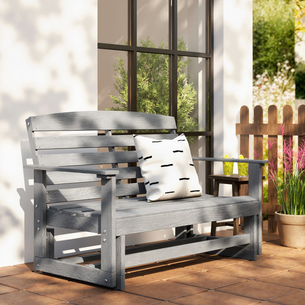 2-Person Outdoor Glider Bench Patio Double Swing Rocking Chair Loveseat w/ Slatted HDPE Frame for Backyard Garden Porch, Distressed Gray