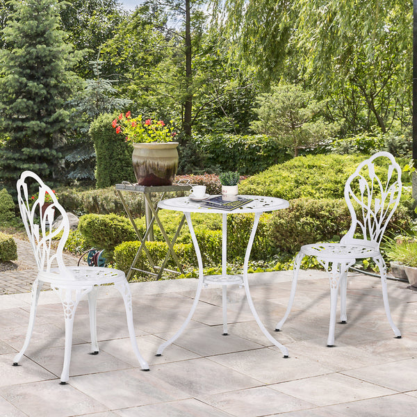 3 Piece Patio Bistro Set for 2, Outdoor Aluminium Garden Table and Chairs with Umbrella Hole for Balcony, White