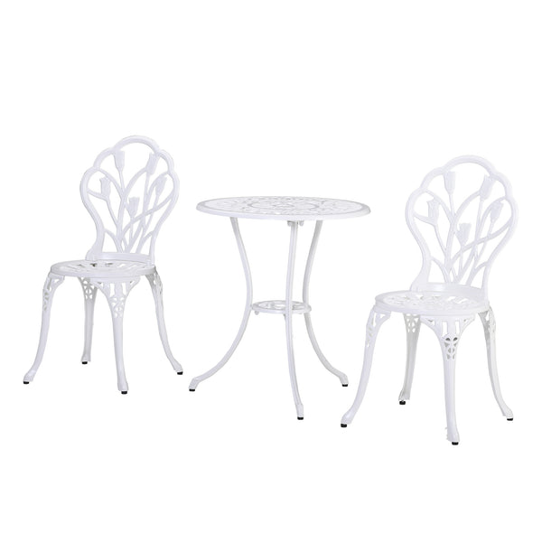 3 Piece Patio Bistro Set for 2, Outdoor Aluminium Garden Table and Chairs with Umbrella Hole for Balcony, White