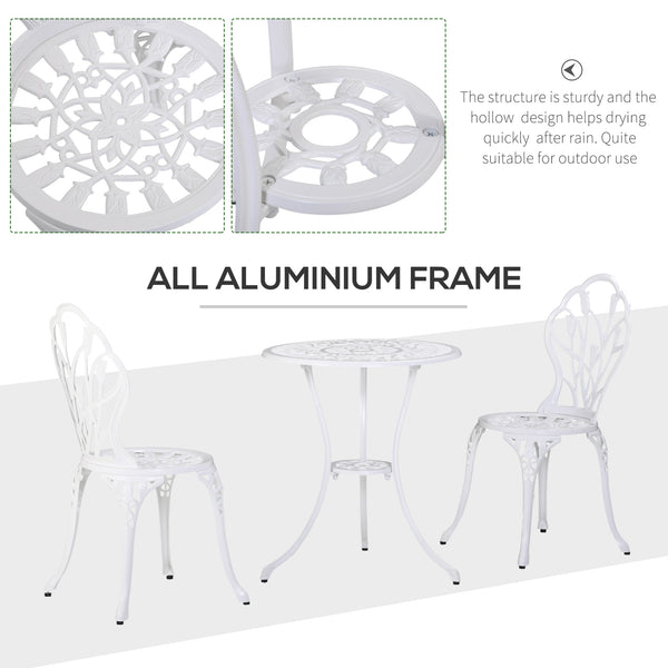 3 Piece Patio Bistro Set for 2, Outdoor Aluminium Garden Table and Chairs with Umbrella Hole for Balcony, White