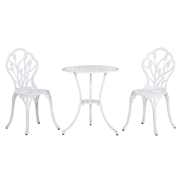 3 Piece Patio Bistro Set for 2, Outdoor Aluminium Garden Table and Chairs with Umbrella Hole for Balcony, White