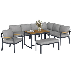 7 Seater Garden Furniture Set with 2 Loveseats, Armchair, 2 Armless Chairs, Footstool, Faux Wood Table, Metal Garden Sofa Set with Cushions, Outdoor Furniture Conversation Sets, Light Grey