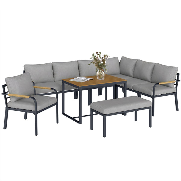 7 Seater Garden Furniture Set with 2 Loveseats, Armchair, 2 Armless Chairs, Footstool, Faux Wood Table, Metal Garden Sofa Set with Cushions, Outdoor Furniture Conversation Sets, Light Grey