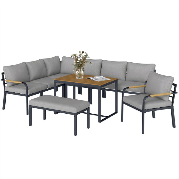 7 Seater Garden Furniture Set with 2 Loveseats, Armchair, 2 Armless Chairs, Footstool, Faux Wood Table, Metal Garden Sofa Set with Cushions, Outdoor Furniture Conversation Sets, Light Grey