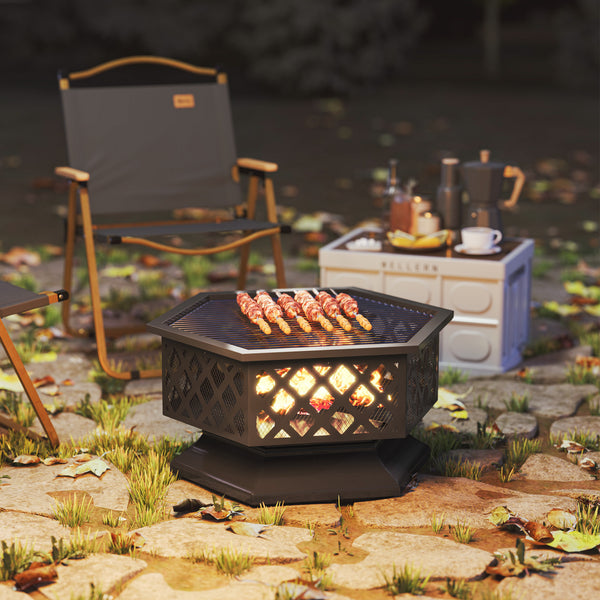 28" Outdoor Fire Pit Grill, Portable Wood Burning Firepit for Outside with Cooking Grate, Fire Poker, Spark Screen Lid, Steel Hexagon Fireplace for Patio Bonfire Backyard BBQ Camping Picnic