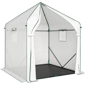 63" x 63" x 78.7" Mini Greenhouse for Outdoors with Roll-up Door and 3 Mesh Windows, Large Plant House with PE Cover and Reinforced Steel Frame, White