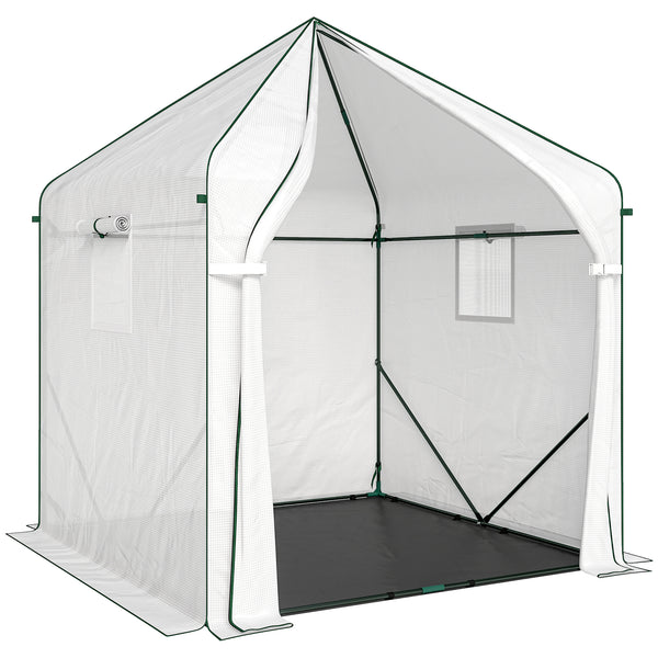 63" x 63" x 78.7" Mini Greenhouse for Outdoors with Roll-up Door and 3 Mesh Windows, Large Plant House with PE Cover and Reinforced Steel Frame, White