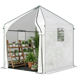 63" x 63" x 78.7" Mini Greenhouse for Outdoors with Roll-up Door and 3 Mesh Windows, Large Plant House with PE Cover and Reinforced Steel Frame, White
