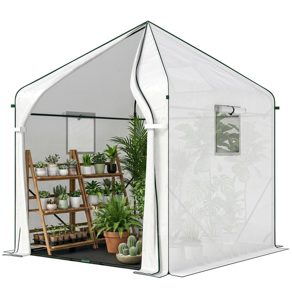 63" x 63" x 78.7" Mini Greenhouse for Outdoors with Roll-up Door and 3 Mesh Windows, Large Plant House with PE Cover and Reinforced Steel Frame, White