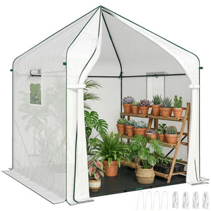 63" x 63" x 78.7" Mini Greenhouse for Outdoors with Roll-up Door and 3 Mesh Windows, Large Plant House with PE Cover and Reinforced Steel Frame, White