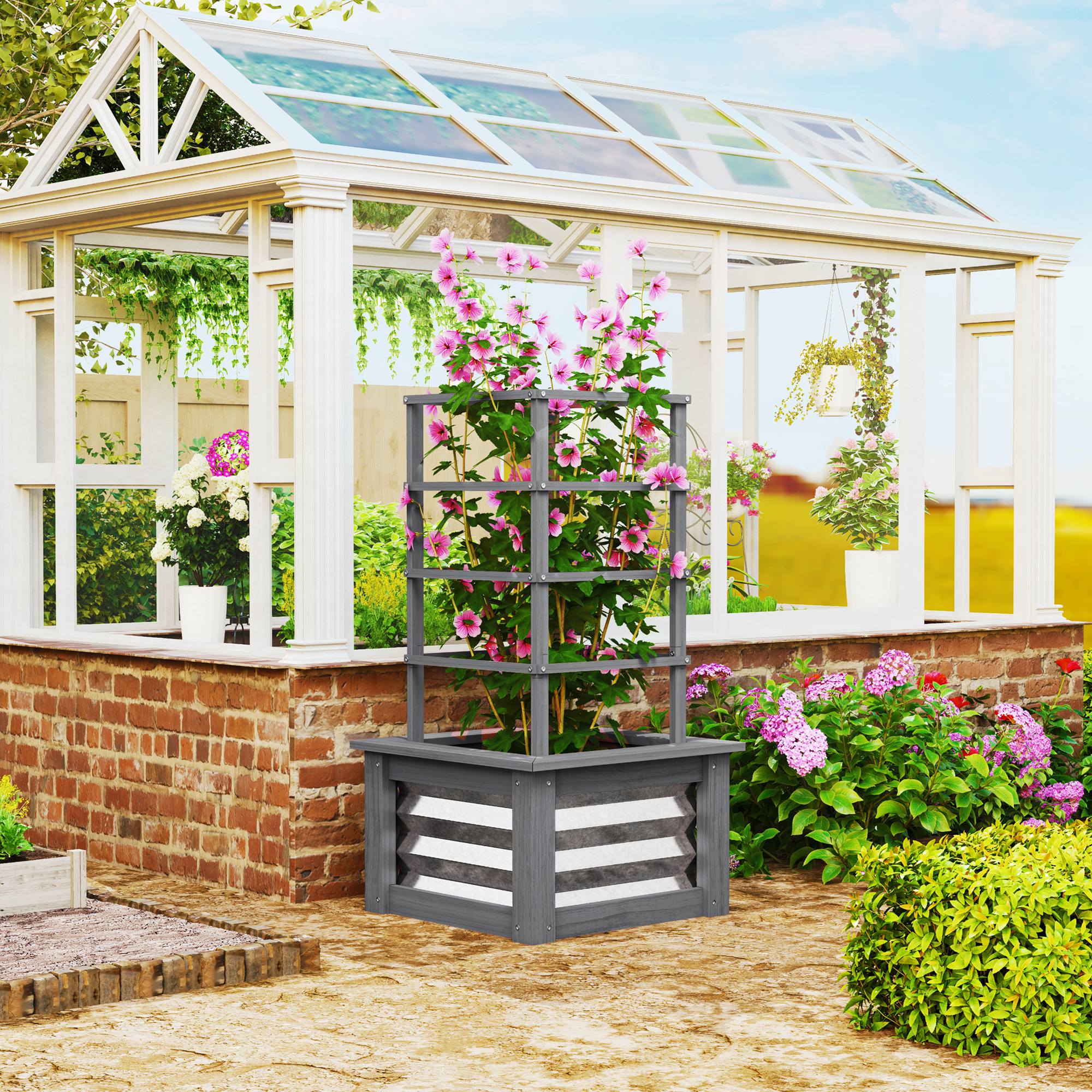 5ft trellis planter Outsunny Wooden Raised Garden Bed with Trellis, Galvanized Planter Box Elevated Garden Bed for Garden, Patio, Gray