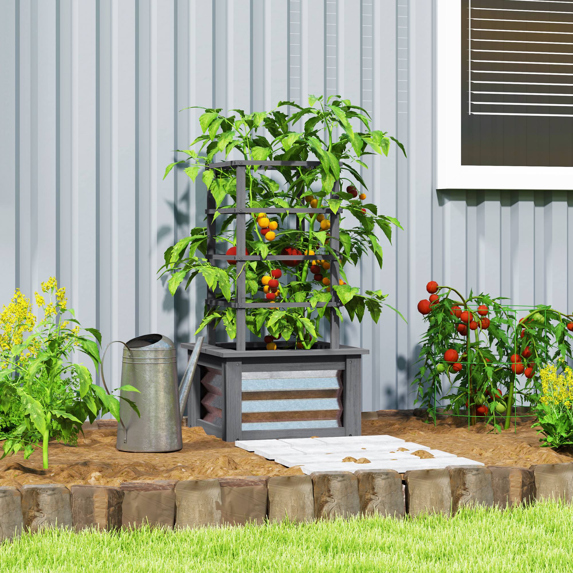 window planter box with trellis Outsunny Wooden Raised Garden Bed with Trellis, Galvanized Planter Box Elevated Garden Bed for Garden, Patio, Gray