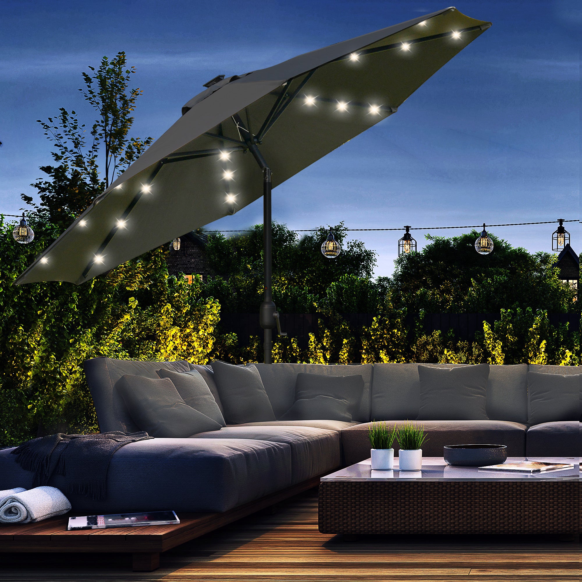 grey patio umbrella with solar lights Outsunny 9ft Solar Patio Umbrella Outdoor Sunshade 24 LED Lights Tilt Canopy, Charcoal Grey
