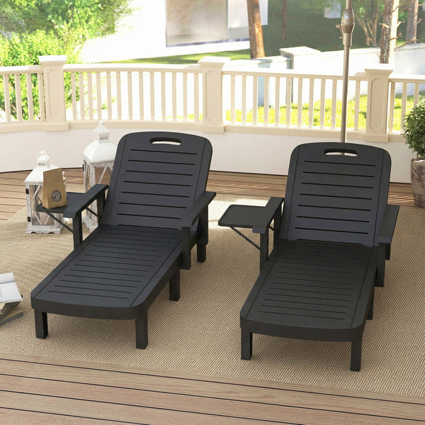 Set of 2 Resin Reclining Sun Loungers for Garden, 5 Positions Adjustable Outdoor Chaise Lounge Chair with Wood Texture Surface, Armrests, Foldable Side Table for Garden, Beach, Black