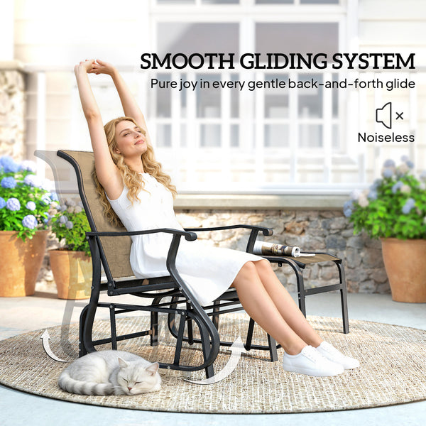 Outdoor Glider Chair with Ottoman, Patio Glider Set with 24.4" High Back, 22" Wide Seat, 2-Piece Outdoor Lounge Set with All-Weather Breathable Mesh for Porch, Garden, Backyard, Tan