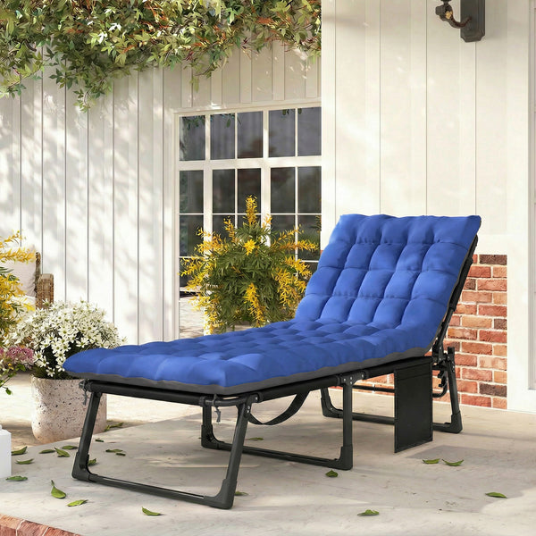 Lounge Chair Outdoor, 75 cm Wide Folding Chaise Lounge Tanning Chair, 5-Position Beach Patio Lounger Camping Cot Bed with Cushion, Side Pocket, Dark Grey/Blue