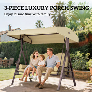 3 Seater Canopy Swing Chair, Outdoor Garden Swing Seat with Adjustable Canopy, Cushions and Cup Trays, Steel Frame, Brown
