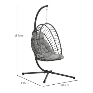 Outdoor PE Rattan Swing Chair with Cushion, Garden Foldable Basket Patio Hanging Egg Chair with Metal Stand, Headrest, for Indoor and Outdoor, Light Grey