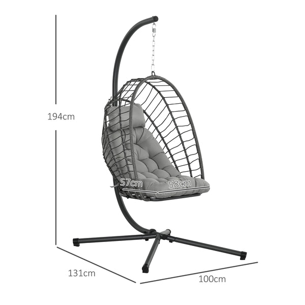 Outdoor PE Rattan Swing Chair with Cushion, Garden Foldable Basket Patio Hanging Egg Chair with Metal Stand, Headrest, for Indoor and Outdoor, Light Grey