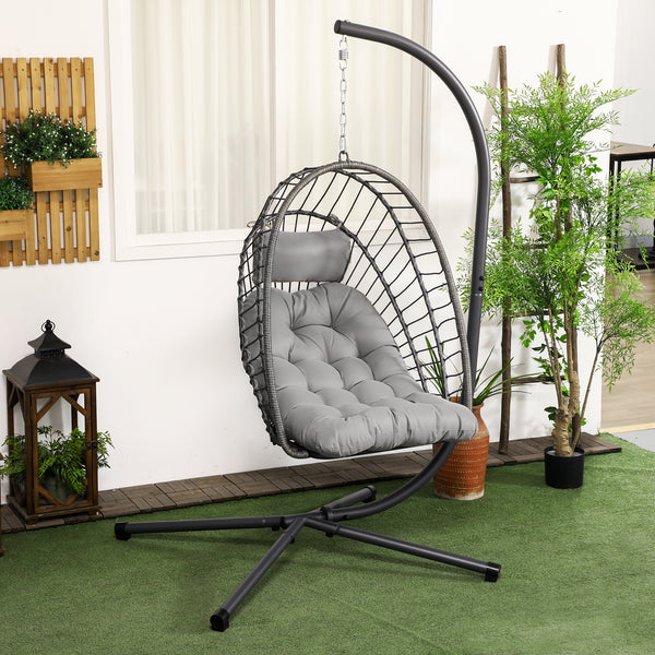 Outdoor PE Rattan Swing Chair with Cushion, Garden Foldable Basket Patio Hanging Egg Chair with Metal Stand, Headrest, for Indoor and Outdoor, Light Grey