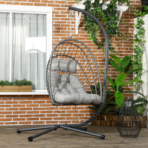 Outdoor PE Rattan Swing Chair with Cushion, Garden Foldable Basket Patio Hanging Egg Chair with Metal Stand, Headrest, for Indoor and Outdoor, Light Grey
