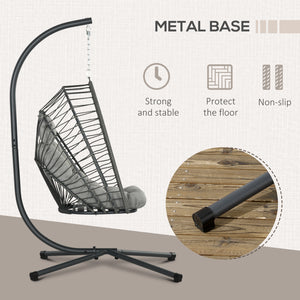 Outdoor PE Rattan Swing Chair with Cushion, Garden Foldable Basket Patio Hanging Egg Chair with Metal Stand, Headrest, for Indoor and Outdoor, Light Grey