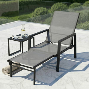Sun Lounger with Retracable Footrest, 5-Position Adjustable Reclining Garden Lounger, Garden Chaise Lounge Sunbed Recliner Chair with Steel Frame for Beach, Porch, Patio, Camping, Dark Grey