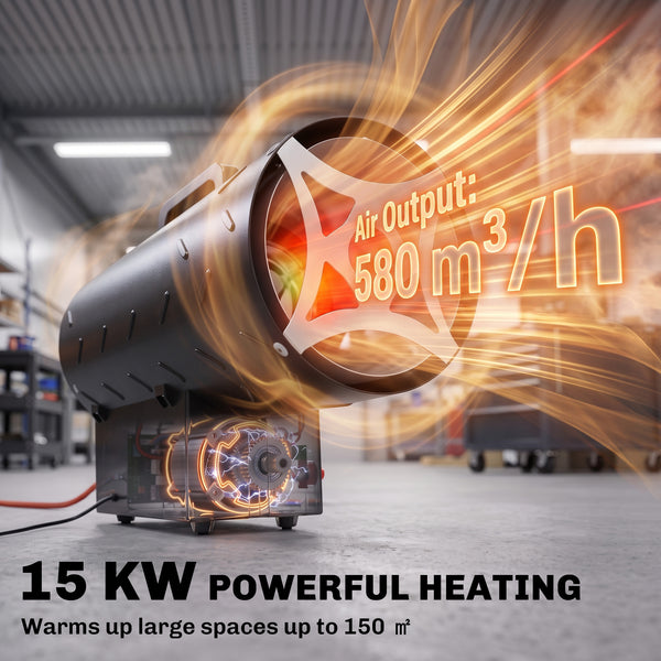 15 kW/51000 BTU Industrial Propane Space Heater, Portable Forced Air Gas Fan Outdoor Patio Heater with Piezo Ignition, Overheat Protection, IPX4, Hot Air Blower for Workshop, Garage, Black