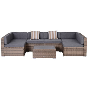 Outsunny 7-Piece Patio Furniture Set, Outdoor Wicker Conversation Set, All Weather PE Rattan Sectional Sofa Set with Cushions and Faux Wood Table, Stripe Pillows, Gray