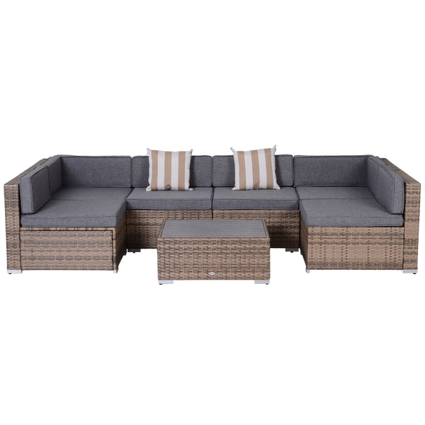 Outsunny 7-Piece Patio Furniture Set, Outdoor Wicker Conversation Set, All Weather PE Rattan Sectional Sofa Set with Cushions and Faux Wood Table, Stripe Pillows, Gray