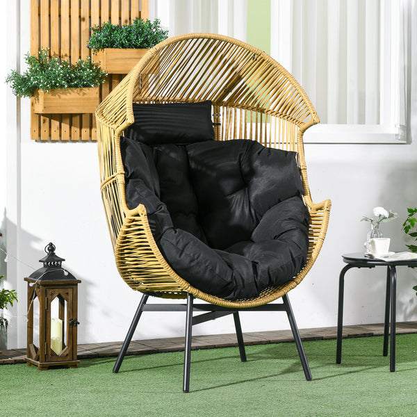 Garden Egg Chair with 14cm Thick Seat Cushion, PE Rattan Leisure Chair with Comfortable Headrest, Adjustable Feet, Steel Frame, Sand