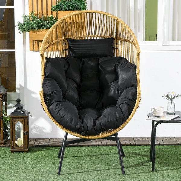 Garden Egg Chair with 14cm Thick Seat Cushion, PE Rattan Leisure Chair with Comfortable Headrest, Adjustable Feet, Steel Frame, Sand