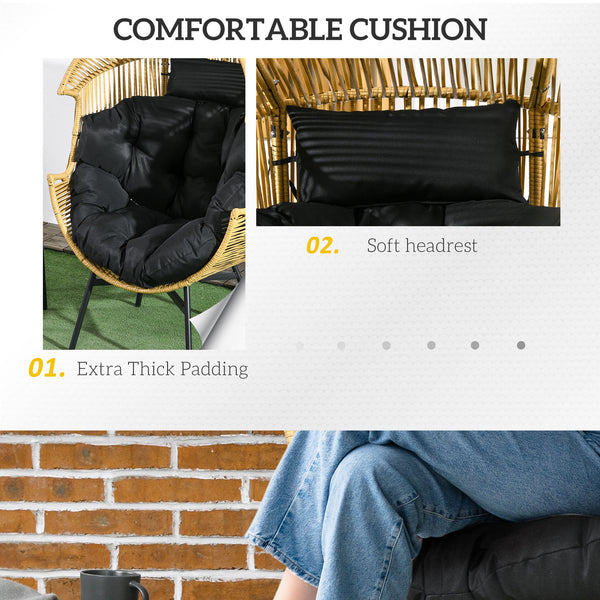 Garden Egg Chair with 14cm Thick Seat Cushion, PE Rattan Leisure Chair with Comfortable Headrest, Adjustable Feet, Steel Frame, Sand