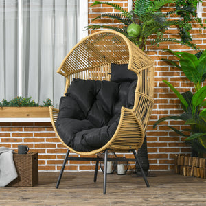 Garden Egg Chair with 14cm Thick Seat Cushion, PE Rattan Leisure Chair with Comfortable Headrest, Adjustable Feet, Steel Frame, Sand