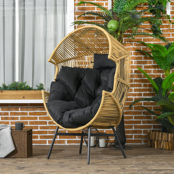 Garden Egg Chair with 14cm Thick Seat Cushion, PE Rattan Leisure Chair with Comfortable Headrest, Adjustable Feet, Steel Frame, Sand