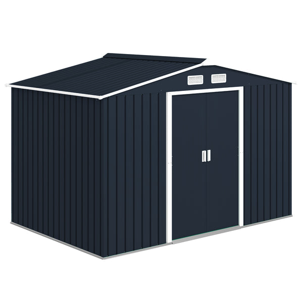 9' x 6' Garden Storage Shed with Foundation Kit, Metal Tool Storage House with Double Doors for Outdoor Patio Yard, Dark Grey