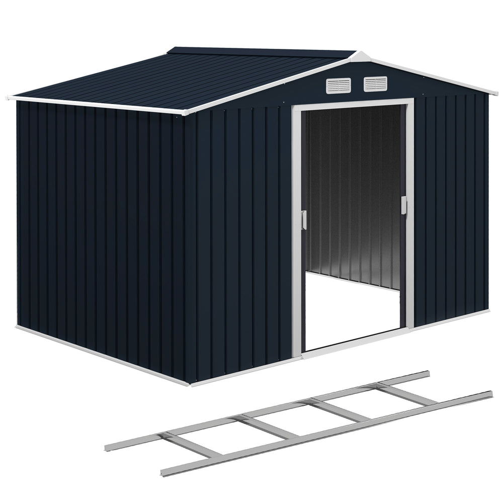 9' x 6' Garden Storage Shed with Foundation Kit, Metal Tool Storage House with Double Doors for Outdoor Patio Yard, Dark Grey