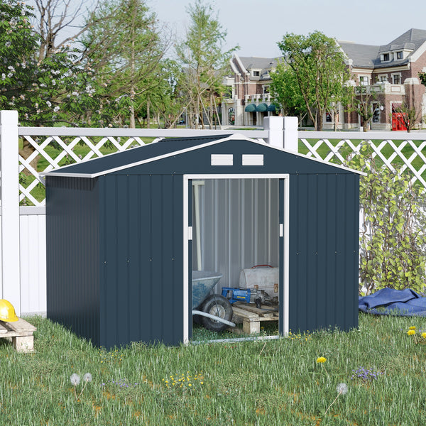 Outsunny 9' x 6' Outdoor Storage Shed, Garden Tool Metal Shed with Foundation Kit, Double Lockable Door, Air Vents and Sloping Roof, for Backyard, Patio, Lawn, Dark Gray